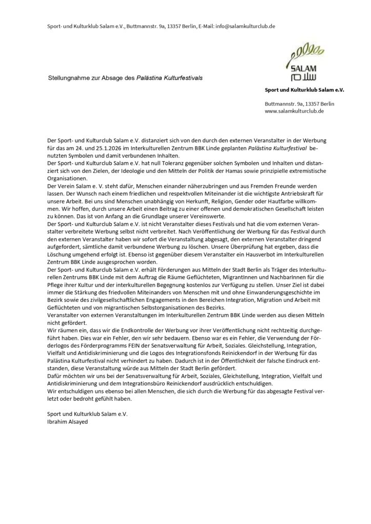 Stellungnahme zur Absage des Palästina Kulturfestivals